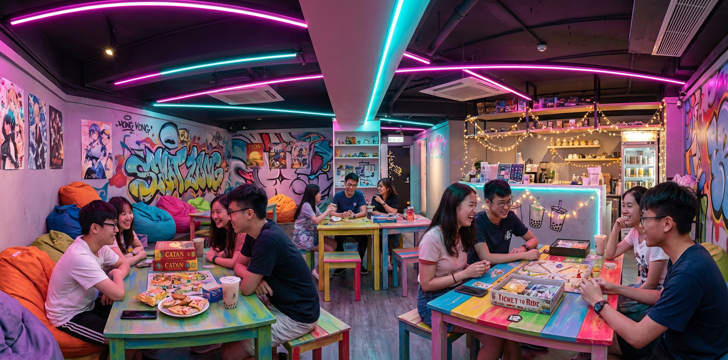 Café interior with neon lights